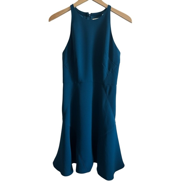 SHOSHANNA Sleeveless Halter Neck A-Line Mini Dress Stretch Crepe Peacock Blue 4 - Picture 1 of 5
